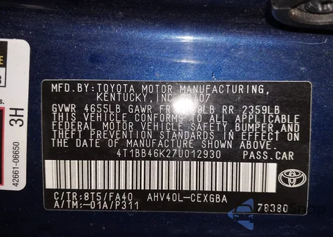 2007 Toyota Camry Hybrid z USA, uszkodzony, nr VIN 4T1BB46K27U012930